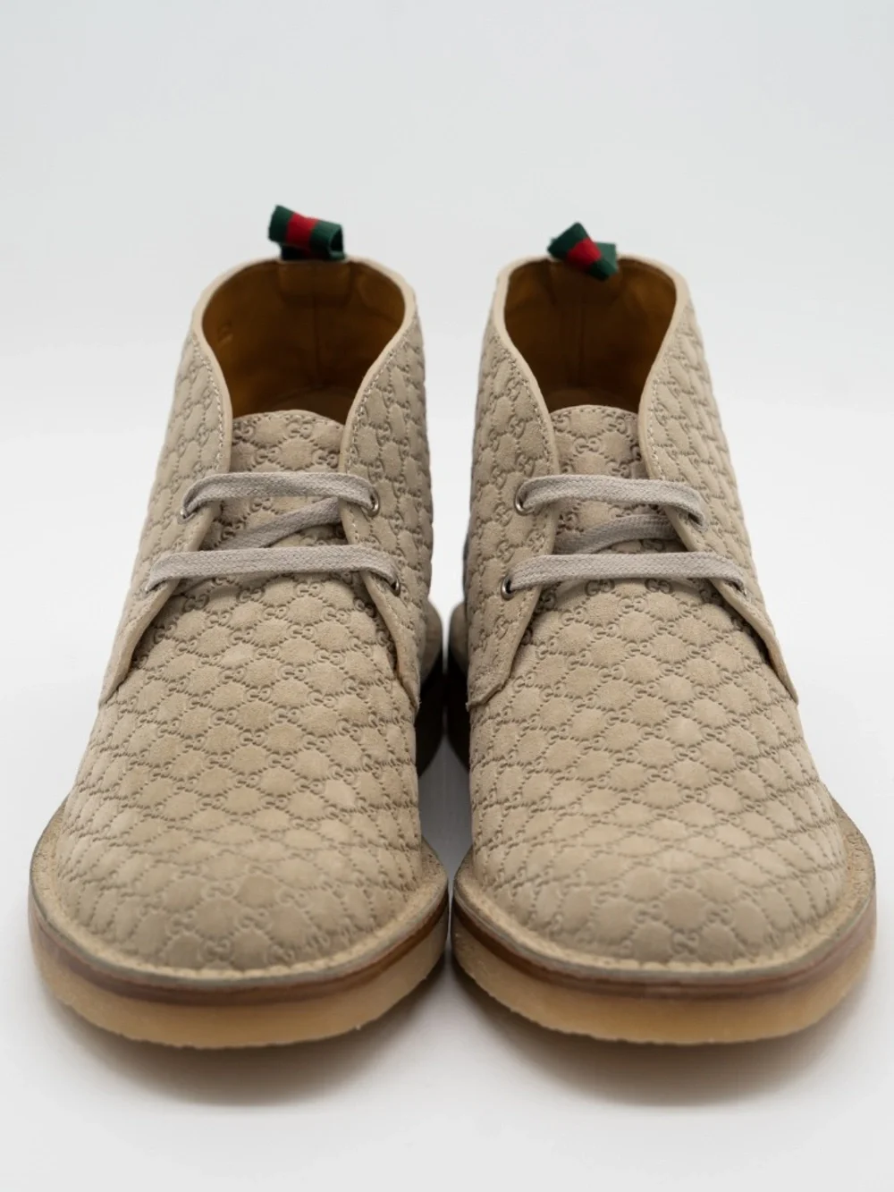 Gucci GG Suede Desert Boots Embossed Oatmeal Mens size 10G 10.5 US